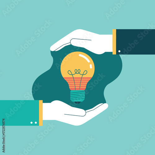 Innovative idea protection safeguarding a bright lightbulb with caring hands