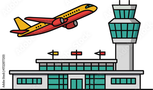Red and yellow airplane taking off from airport terminal building aircraft travel