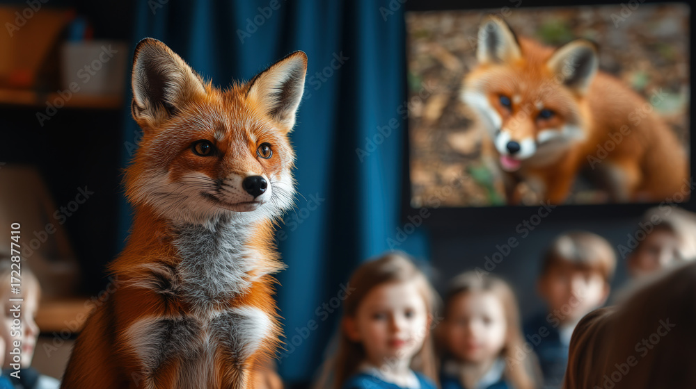 Naklejka premium A curious fox watches a screen with children, creating a whimsical and engaging scene.