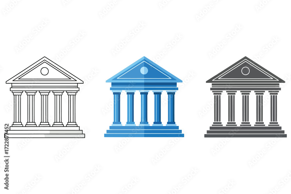 Obraz premium Vector art of three variations of a bank building icon, showcasing a classic architectural design with columns and a triangular pediment in different styles