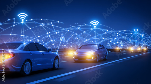 Connected vehicles on a highway at night with wireless communication networks illustrated above them