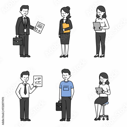 Diverse Group of Business People in Simple Line Art Style.