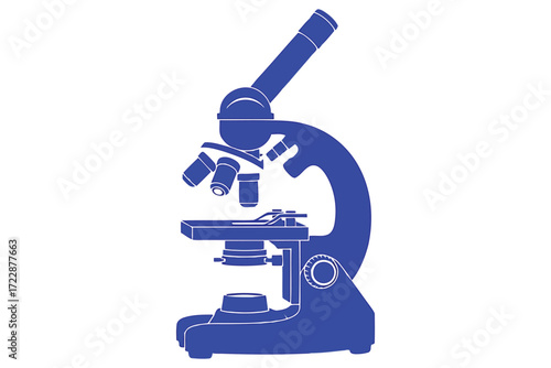Vector art of a blue microscope, a scientific instrument used for viewing small objects and structures, commonly used in biology and chemistry research