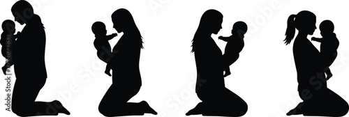 Silhouettes of mother holding baby, kneeling mother and infant, maternal love, family bond, motherhood care, baby embrace, nurturing parent, child protection, maternal affection, family warmth