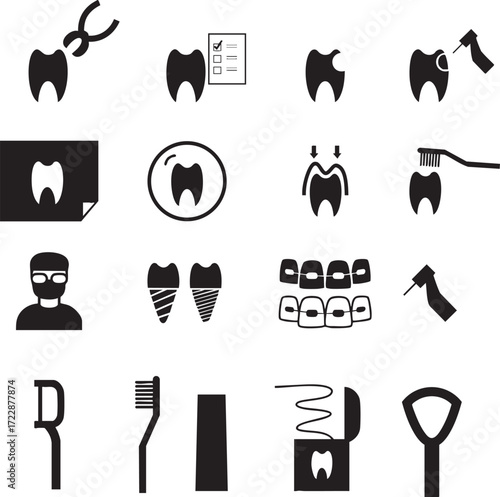 set dental icons silhouette style vector symbol