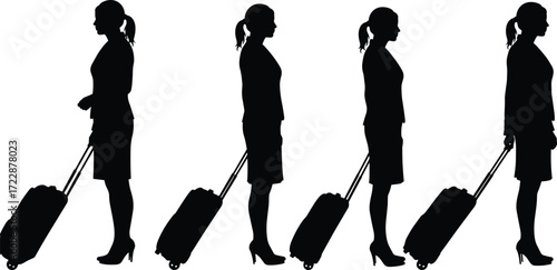Silhouettes of businesswoman pulling luggage, walking in line, travel concept, airport commute, corporate traveler, business trip, travel queue, elegant female traveler, journey motion