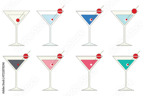 Vector art of eight colorful martini glasses, showcasing a modern and minimalist design with a clean aesthetic, perfect for bar and party related projects