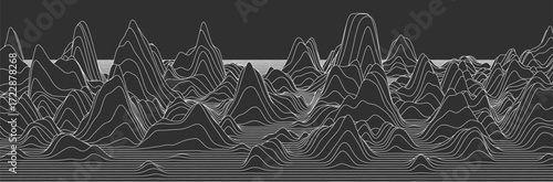 Contour mountain landscape. Waved line art. Abstract minimal topographic map. Contour lines with elevations and terrain depth. Vector illustration.