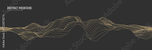 Contour mountain landscape. Waved line art. Abstract minimal topographic map. Contour lines with elevations and terrain depth. Vector illustration.
