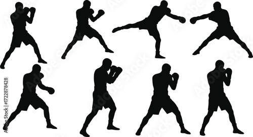Silhouette collection of male boxer poses, fighting stances, punch, defense and kick positions, vector sports illustration for fitness and training