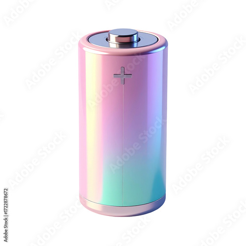 A pastel-colored cylindrical battery with a metallic top, featuring a plus symbol and a gradient from pink to teal