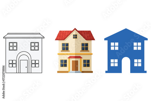 Vector art of three houses in different styles outline, color, and silhouette the image shows the evolution of the house design from simple to complex, and from abstract to realistic