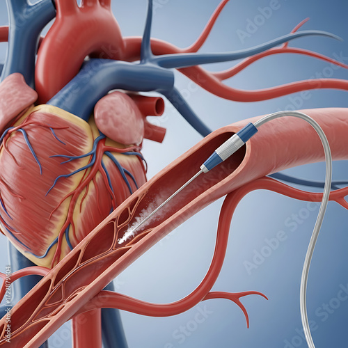 Close up of anatomical cardiac angiogram catheter medical heart equipment