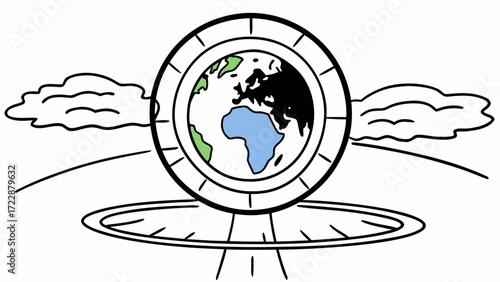 Stylized earth globe with clouds and horizon line and circular base with radiating lines created with generated ai 