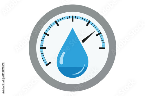 Vector art of water level gauge icon the gauge features a blue water drop symbol and a needle indicating the level, representing hydration or fluid measurement