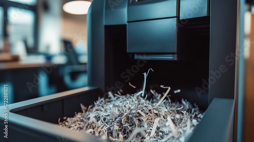 Powerful office paper shredder in use with paper being fed through the slot visible shredded strips accumulating in the bin below set in a professional office environment