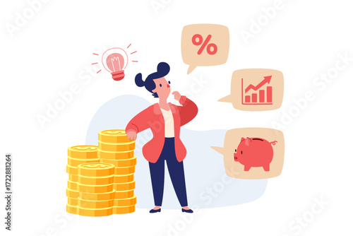 businesswoman with stack of coins planning investment strategy for financial growth and profit