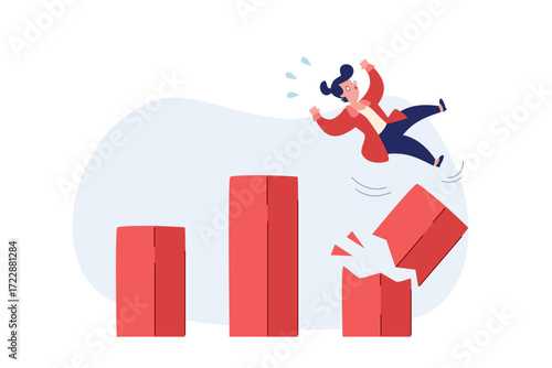 businesswoman falling off broken bar chart