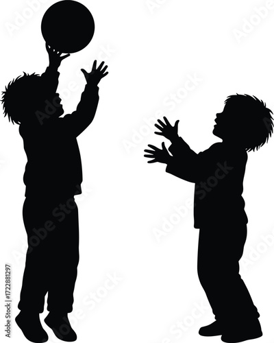 Silhouette of two children playing catch with ball, kids outdoors activity, teamwork, childhood fun, black and white vector, playful boys interaction illustration