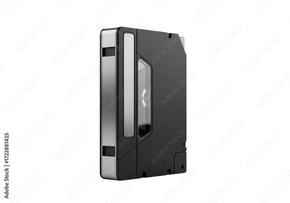 Obraz premium A single, contemporary industrial-grade data cartridge with matte black polymer housing and metallic label, isolated on a transparent background with copy space. Concept of secure digital archiving