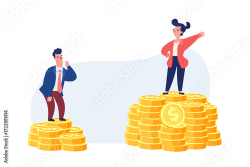 successful businesswoman standing on larger stack of coins compared to competitor