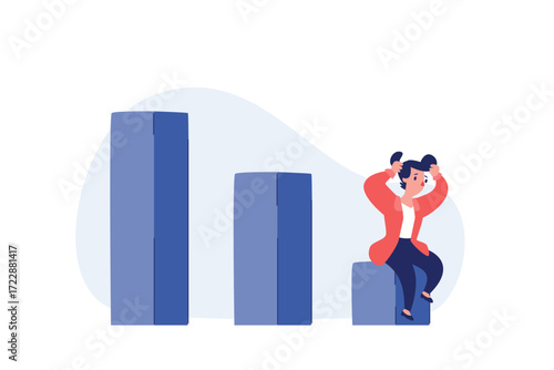 stressed businesswoman sitting on the lowest declining bar chart