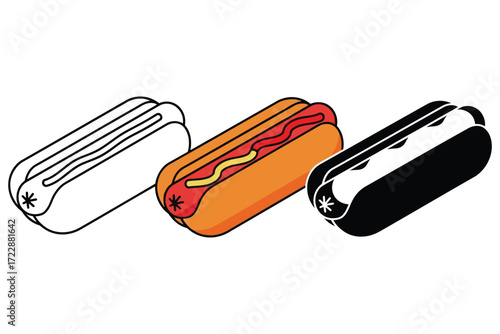 Vector art of three hot dogs, each with a unique style, perfect for illustrating fast food, summer barbecue, or american cuisine concepts in a fun and engaging way
