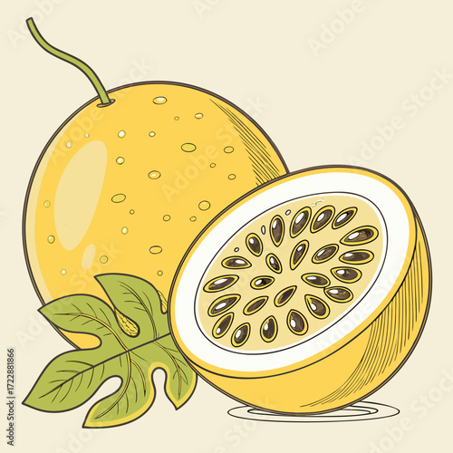 Delicious passion fruit illustration with vibrant colors and natural details, perfect for adding a tropical touch to food and beverage designs or menus