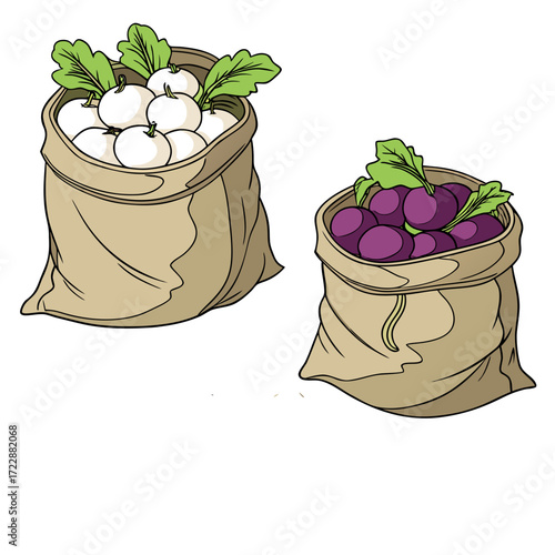 Freshly harvested white and purple root vegetables overflowing from rustic burlap sacks, showcasing natural abundance and farm-fresh goodness.