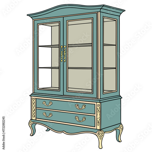 Elegant antique display cabinet with glass doors and ornate drawers, perfect for showcasing treasures and adding vintage charm to any room
