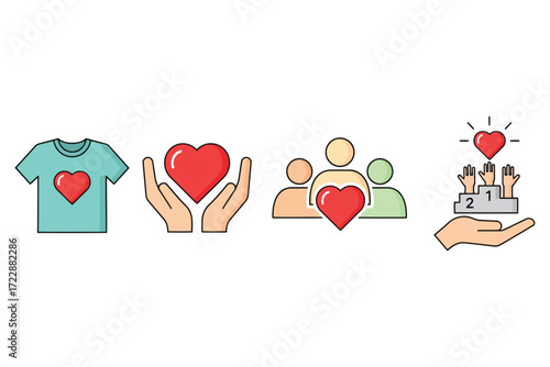Vector art of a set of colorful charity and donation icons, representing support, love, community, and giving back in a modern and minimalist style
