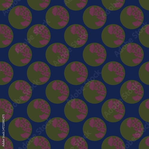 Seamless pattern of green circles with pink flowers on a blue background
