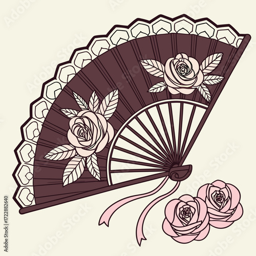 Elegant vintage hand fan with roses vector illustration for fashion and decorative design elements use