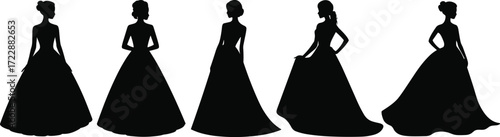 Elegant gown silhouettes, black and white vector, fashion illustration, evening dress design, formal wear art, stylish icon, decorative figure, stock image, couture drawing, lifestyle symbol