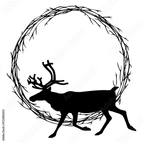 Tiempo de otoño. Logo con silueta de cuerpo de ciervo o reno en corona circular de ramas de árbol para tarjetas y felicitaciones de Navidad