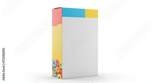 Cereal box mockup isolated on white background with colorful loop design, ideal for showcasing breakfast cereal packaging and branding in a clean presentation