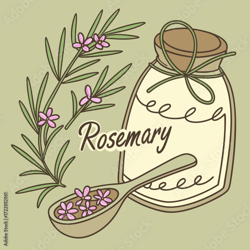 Rosemary herb illustration with flowers and spoon for culinary and aromatherapy uses and herbal remedies