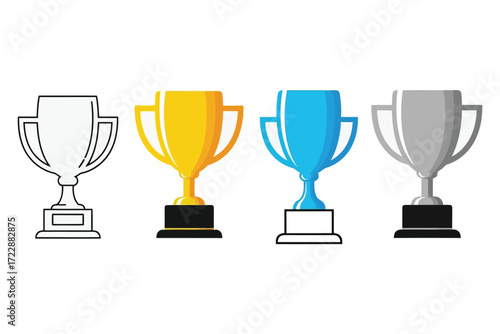Vector art of a set of four vector trophy icons, each rendered in a different style outline, gold, blue, and silver, symbolizing achievement and victory in various competitions