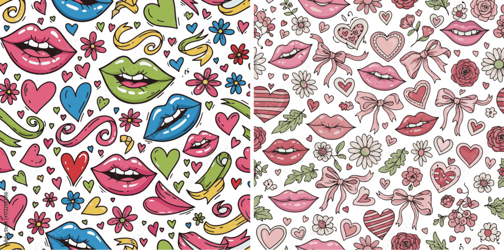 Naklejka premium Seamless Patterns with Vibrant Pop Art and Delicate Romantic Elements