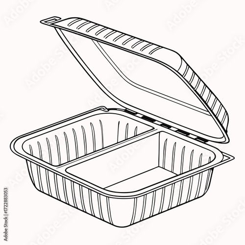 Open black and white takeout container with two compartments perfect for food delivery and restaurant packaging solutions vector illustration