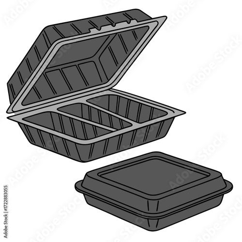 Two black plastic food containers one open with compartments and one closed for takeout or leftovers on a white background
