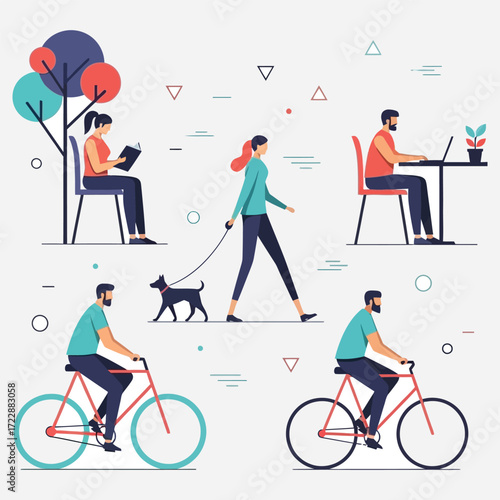 People Engaging in Various Outdoor and Recreational Activities in Vector Illustration