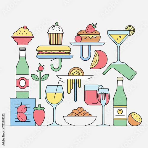 A vibrant and diverse collection of stylized food and drinks, artfully arranged for a delightful visual feast