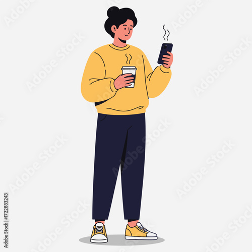 Young Person Holding Smartphone and Coffee Cup Daily Lifestyle Illustration