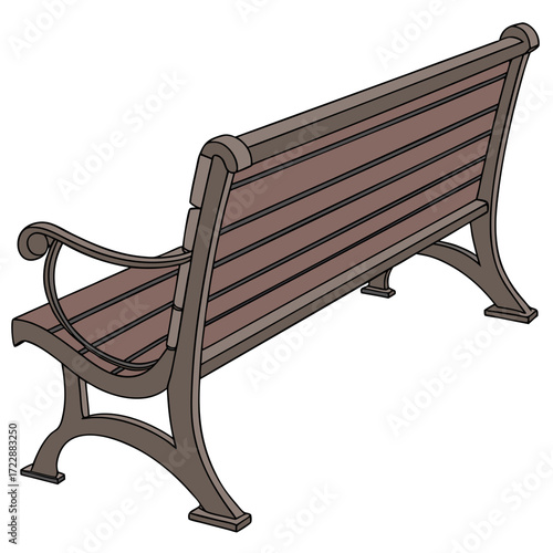 Empty park bench with brown wooden slats and metal frame offers a place to rest and enjoy the outdoors in a peaceful setting