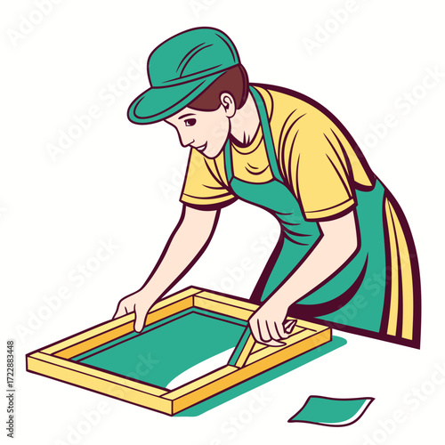 Skilled artisan expertly crafting screen printing masterpiece with precision and care in a modern studio, artistic expression and innovation