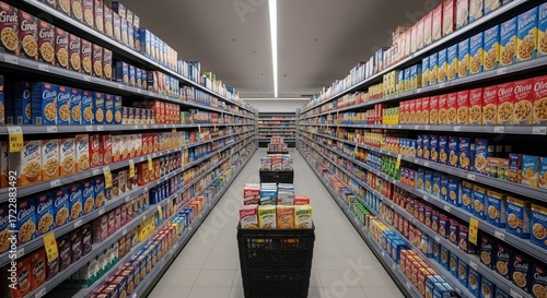 Aisle in Grocery Store with Cereal Boxes on Shelves