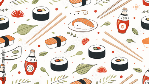 Colorful Japanese Sushi and Soba Sauce Pattern with Chopsticks and Garnishes
