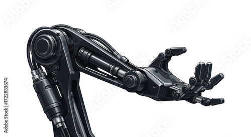 Robotic arm illustration with metallic and futuristic design on a white background