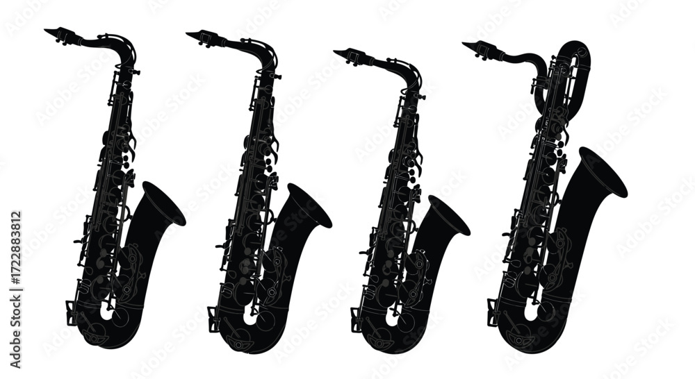 Four silhouettes of alto saxophones arranged in a row expressing musicality vector
